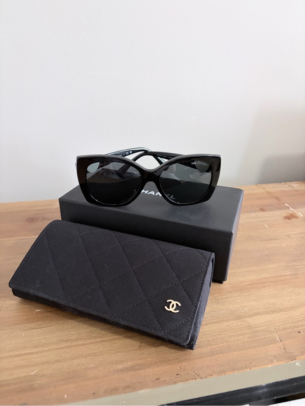 CHANEL Black Cat-Eye Sunglasses with Quilted Case